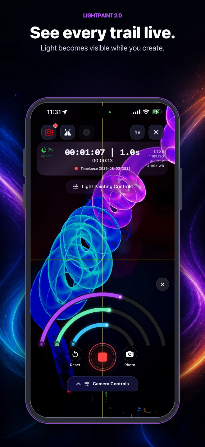 LightPaint 2.0 showing colorful light trails during a live capture