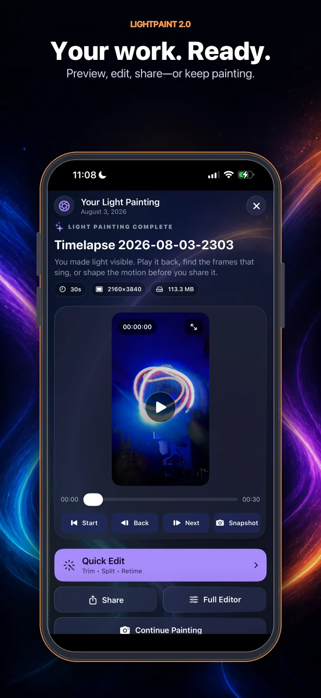 LightPaint 2.0 preview and editing screen for a completed timelapse