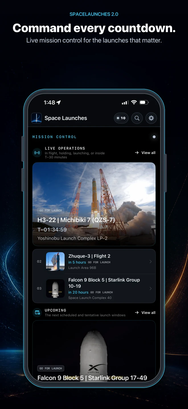 SpaceLaunches 2.0 Mission Control showing live and upcoming launches