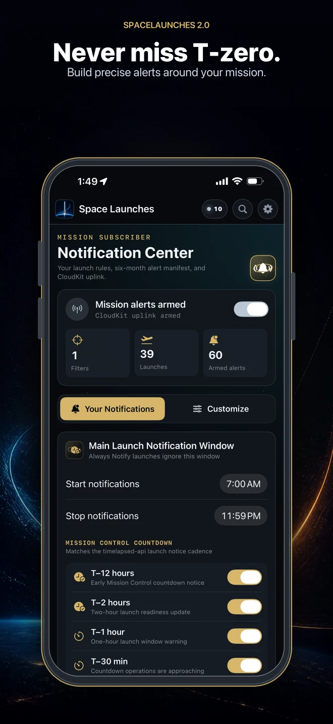 SpaceLaunches 2.0 mission alert controls