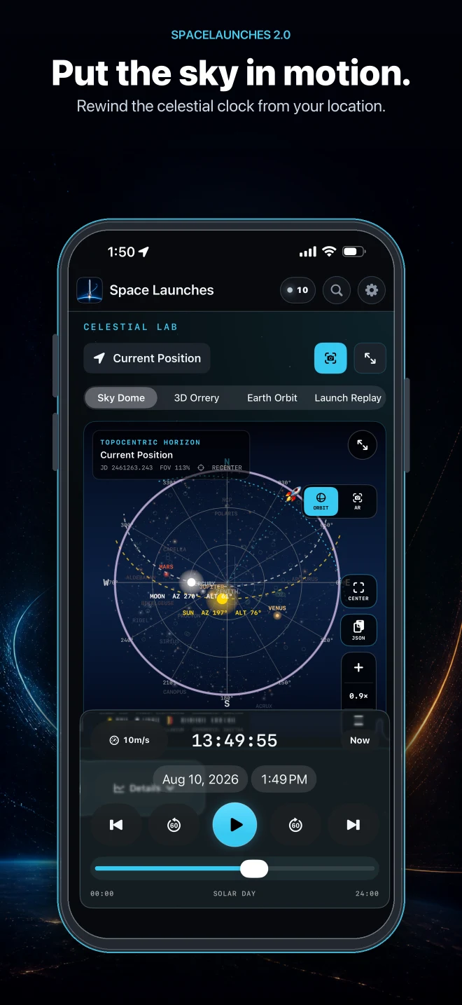 SpaceLaunches 2.0 interactive celestial sky dome