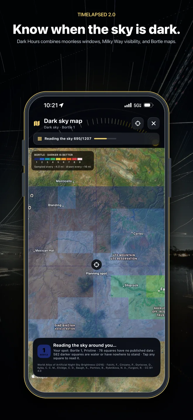TimeLapsed 2.0 feature: Dark Hours and Bortle maps
