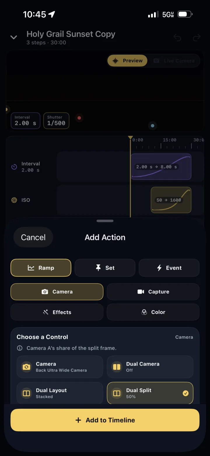 Add Action sheet with Ramp, Set, Event, Camera, Capture, Effects, and Color controls