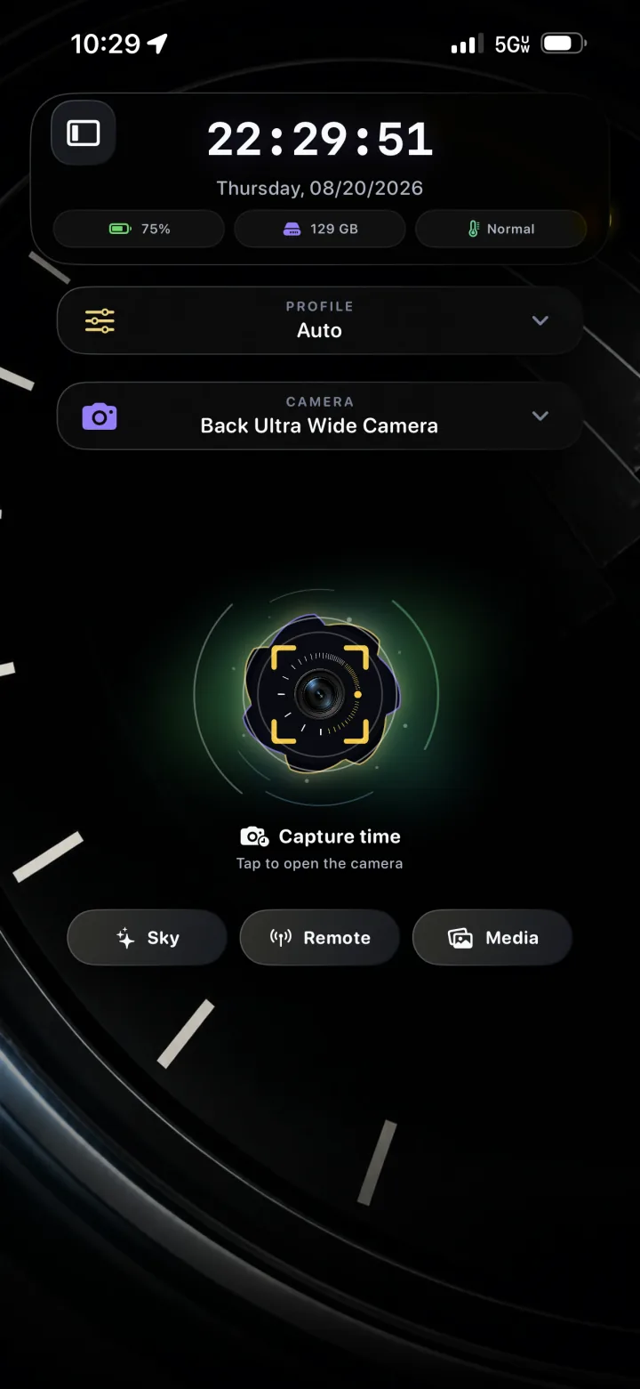 TimeLapsed 2.0 camera setup with profile, camera, planning, remote, and media controls