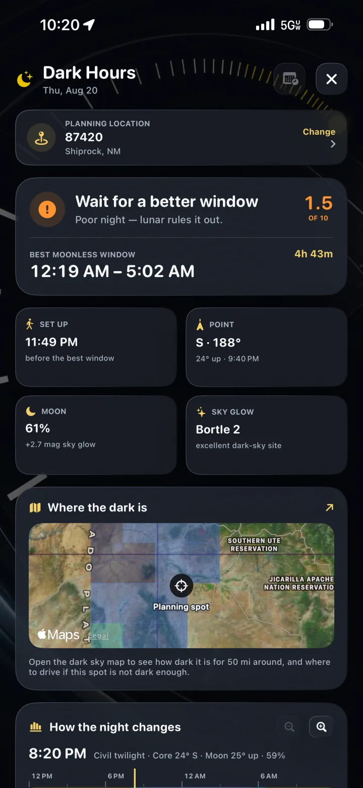 TimeLapsed Dark Hours view with true dark and Milky Way windows