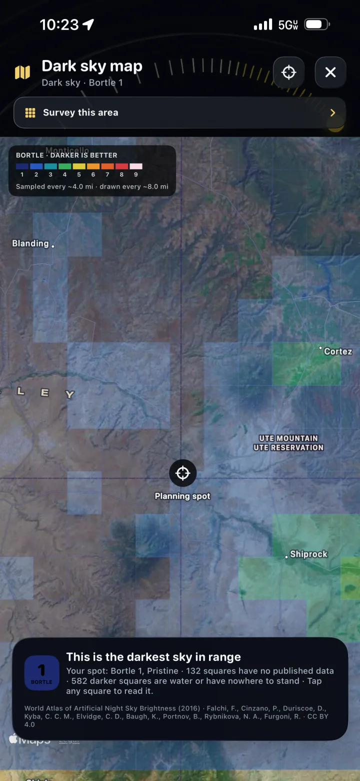 TimeLapsed dark-sky map with a Bortle-class overlay
