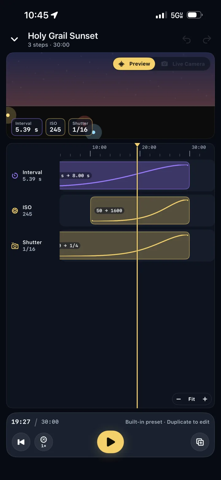 TimeLapsed Camera Actions timeline for a Holy Grail sunset recording