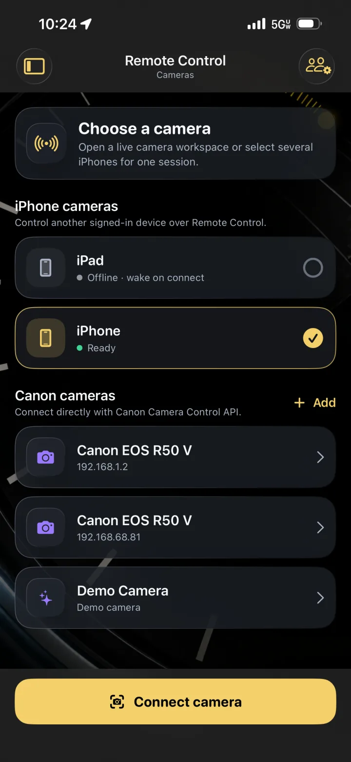 TimeLapsed remote camera selector showing iPhone, iPad, and Canon cameras