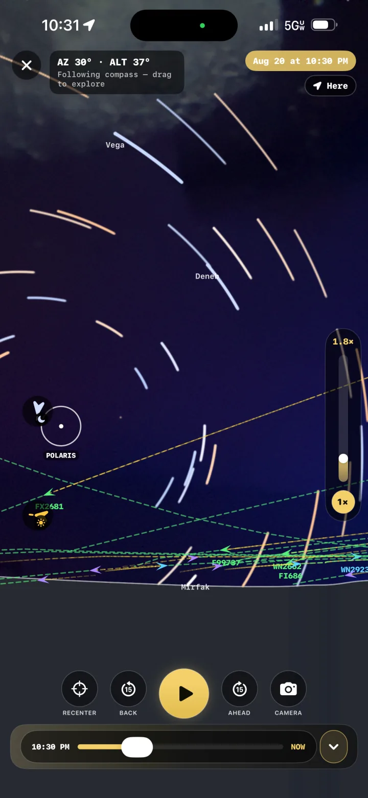 TimeLapsed Sky Planner showing celestial direction and camera framing